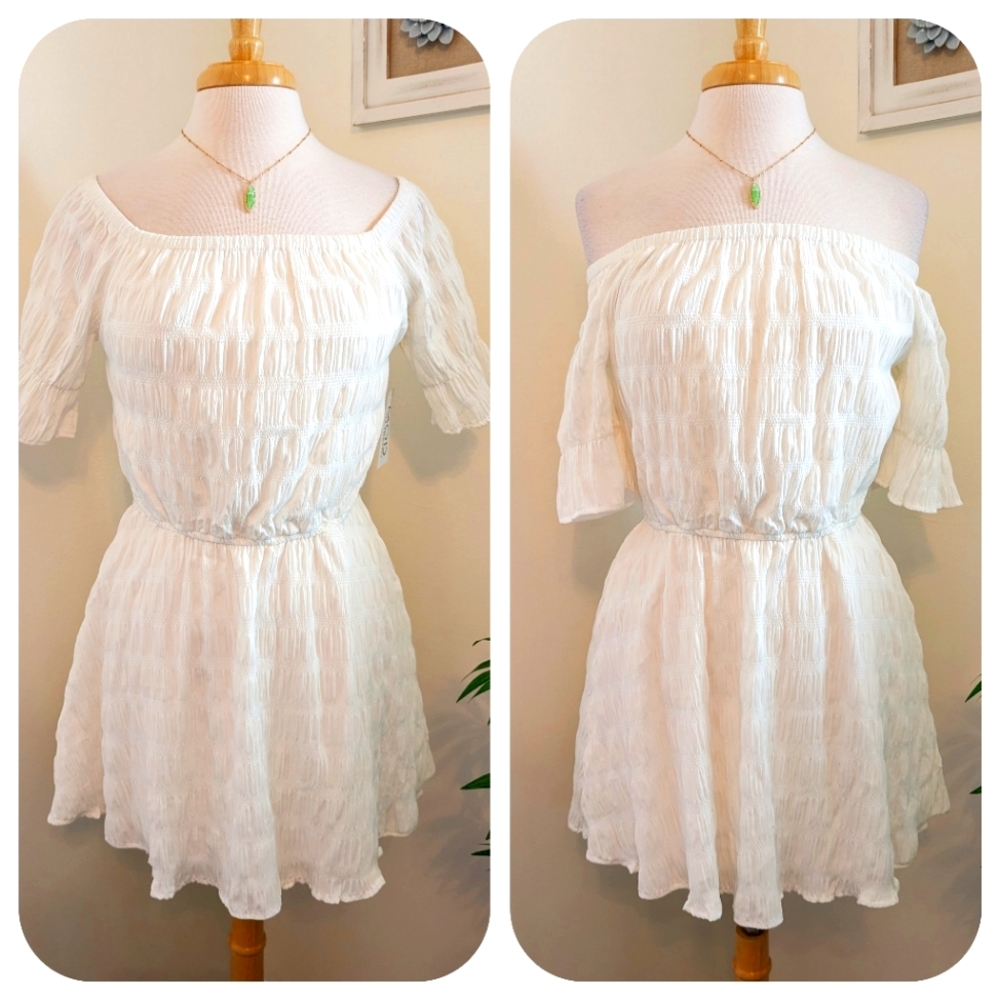 MOD On Trend Tiered Pleated Ruched Off Shoulder Mini Dress White Medium
